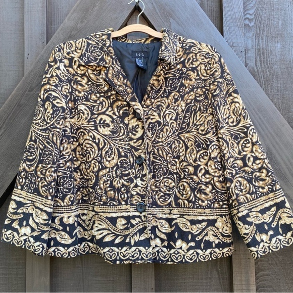 RQT Brown Black‎ Gold Abstract Print Button Front Linen Career Blazer Jacket